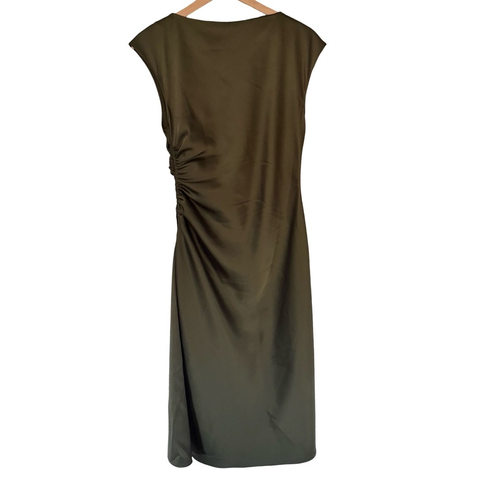 Banana Republic Olive Green Satin Ruched Midi Dress Cap Sleeve Size 8 - Picture 8 of 9